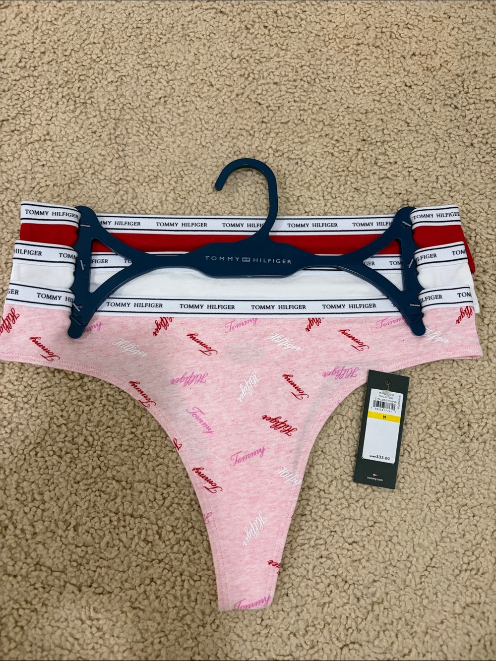 Brand new with tags NWT Tommy Hilfiger Pink Logo Cotton Thong SET OF 3 size M